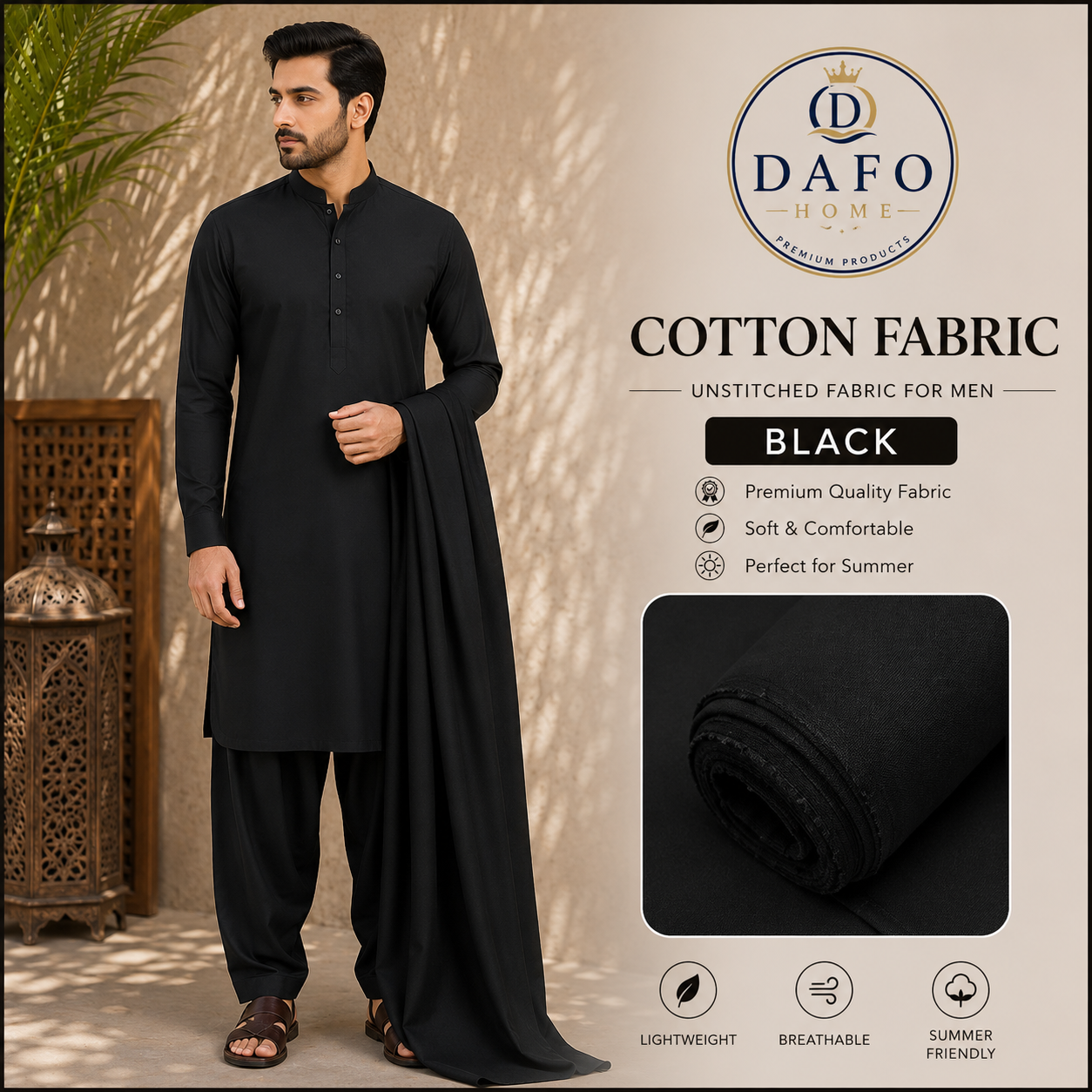 Classic Black Cotton Fabric – Timeless Men's Unstitched Collection