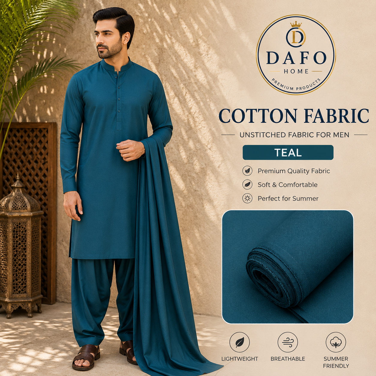 Premium Teal Cotton Fabric for Men – Modern Traditional Fashion