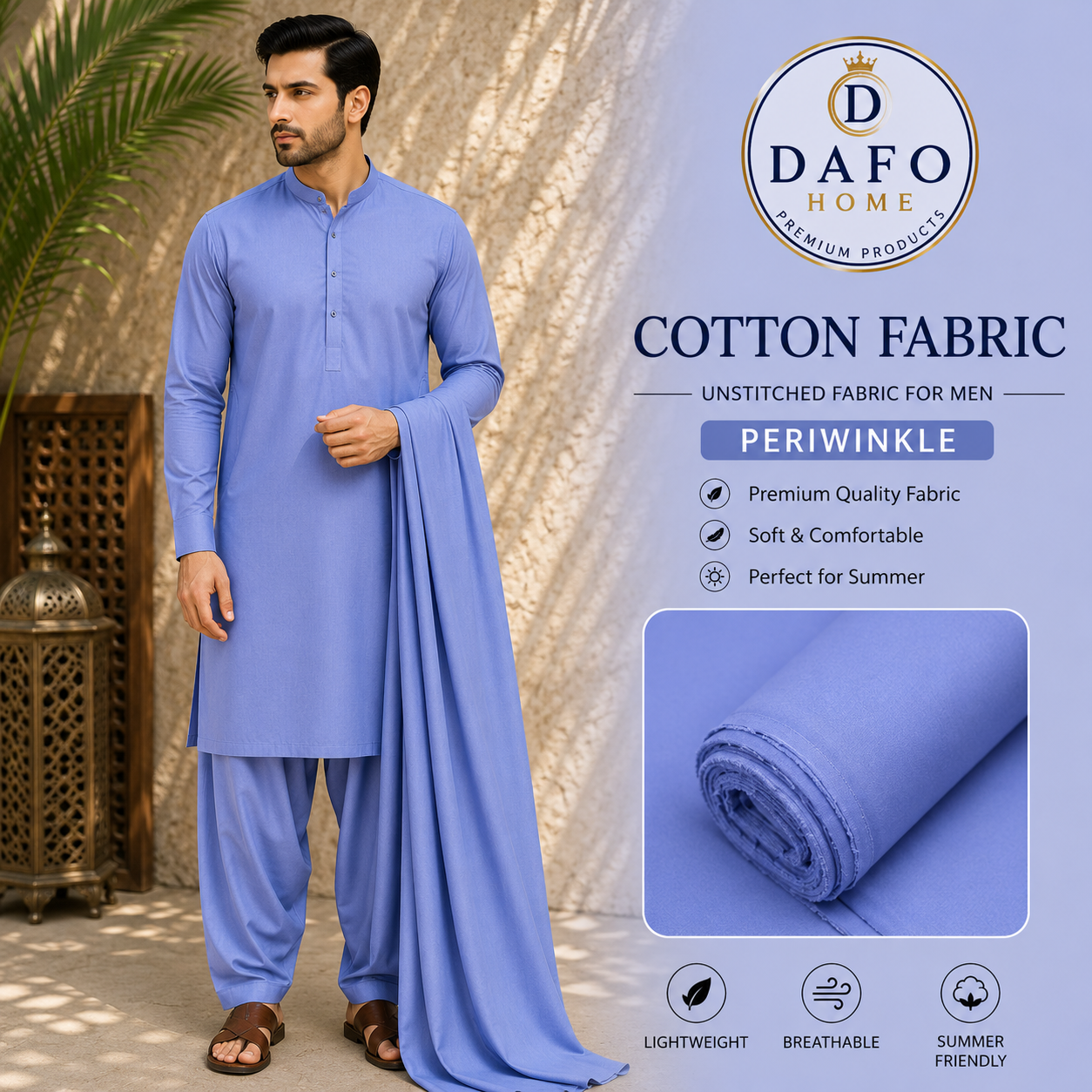 Periwinkle Blue Cotton Fabric – Contemporary Summer Wear for Men