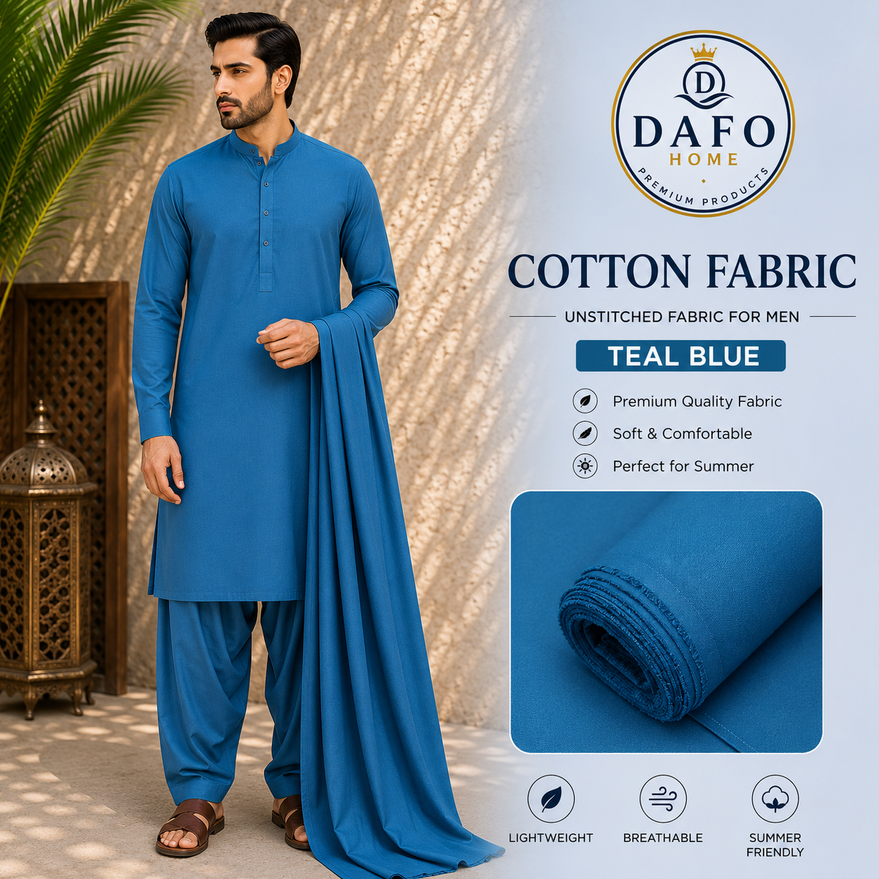 Elegant Teal Blue Cotton Fabric – Premium Unstitched Fabric for Men
