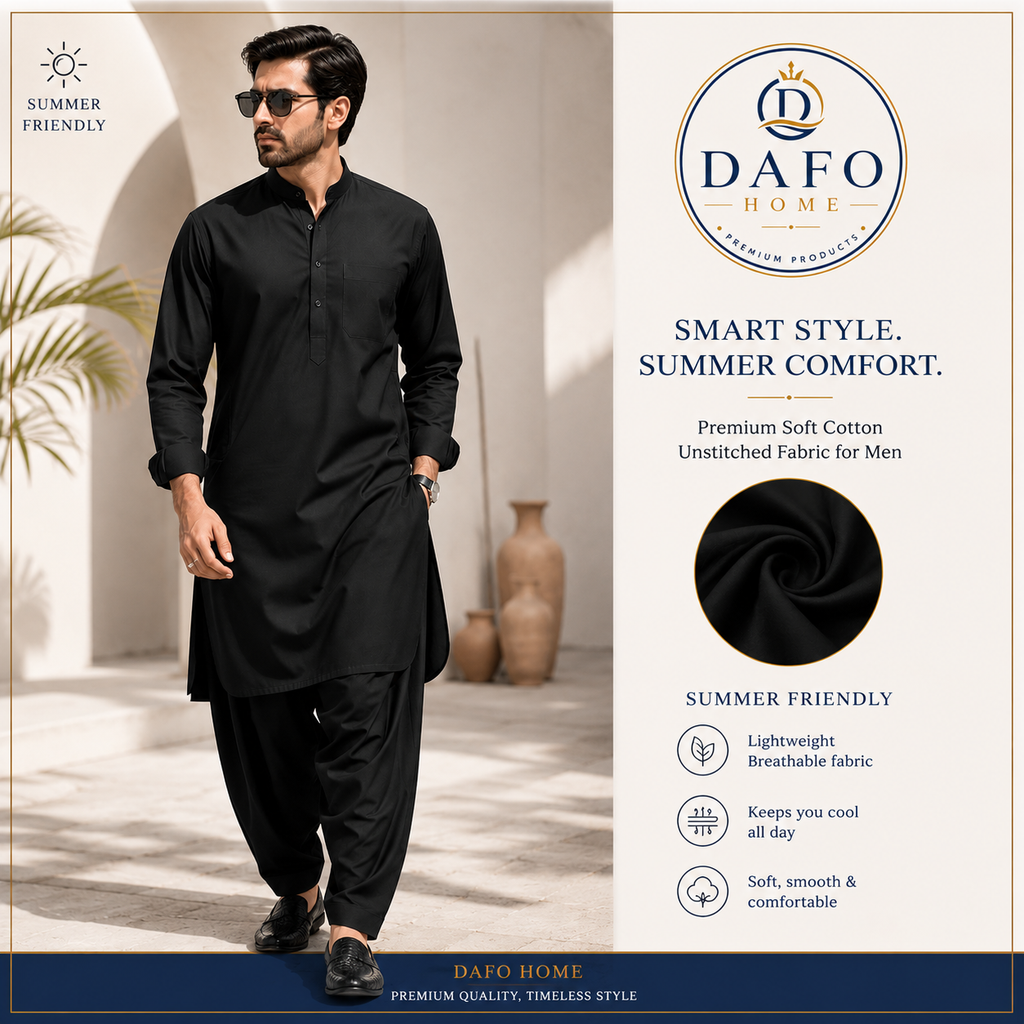DAFO Home Midnight Black Premium Soft Cotton Unstitched Fabric for Men