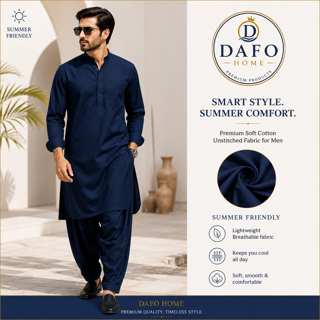 Elegant Navy Blue Soft Cotton Fabric for Men's Unstitched Summer Wear