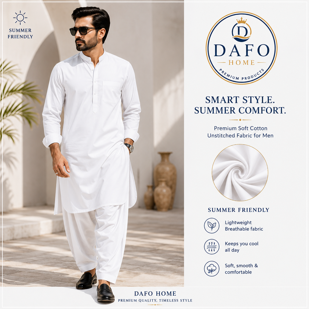 Pure White Luxury Soft Cotton Fabric for Men's Traditional Wear