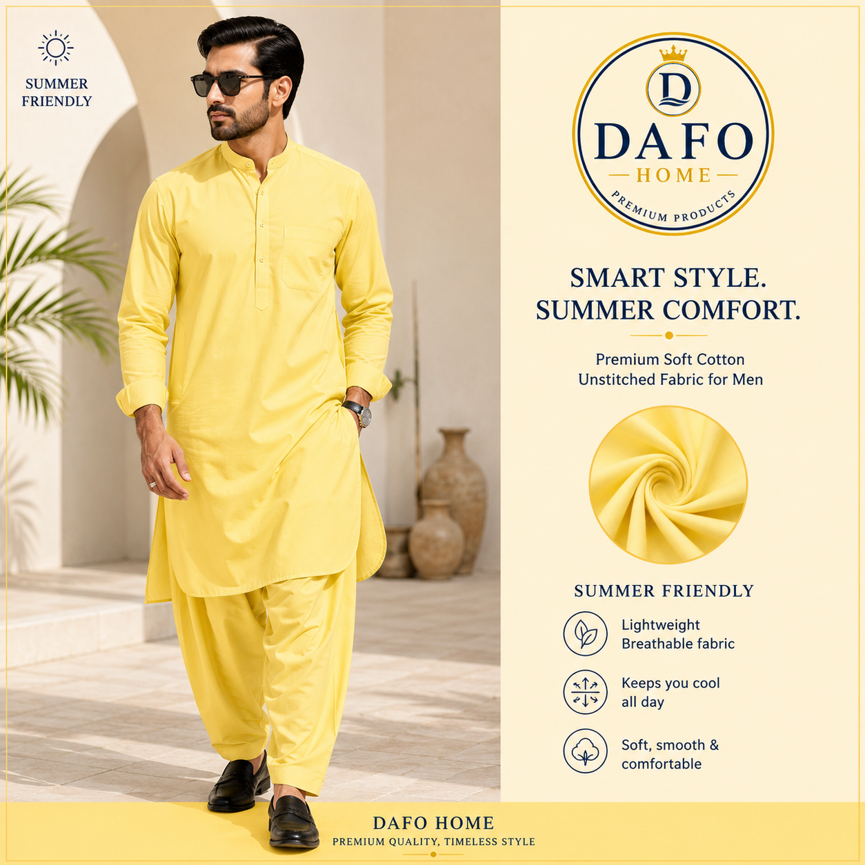 Golden Warm Yellow Soft Cotton Fabric for Men's Summer Collection