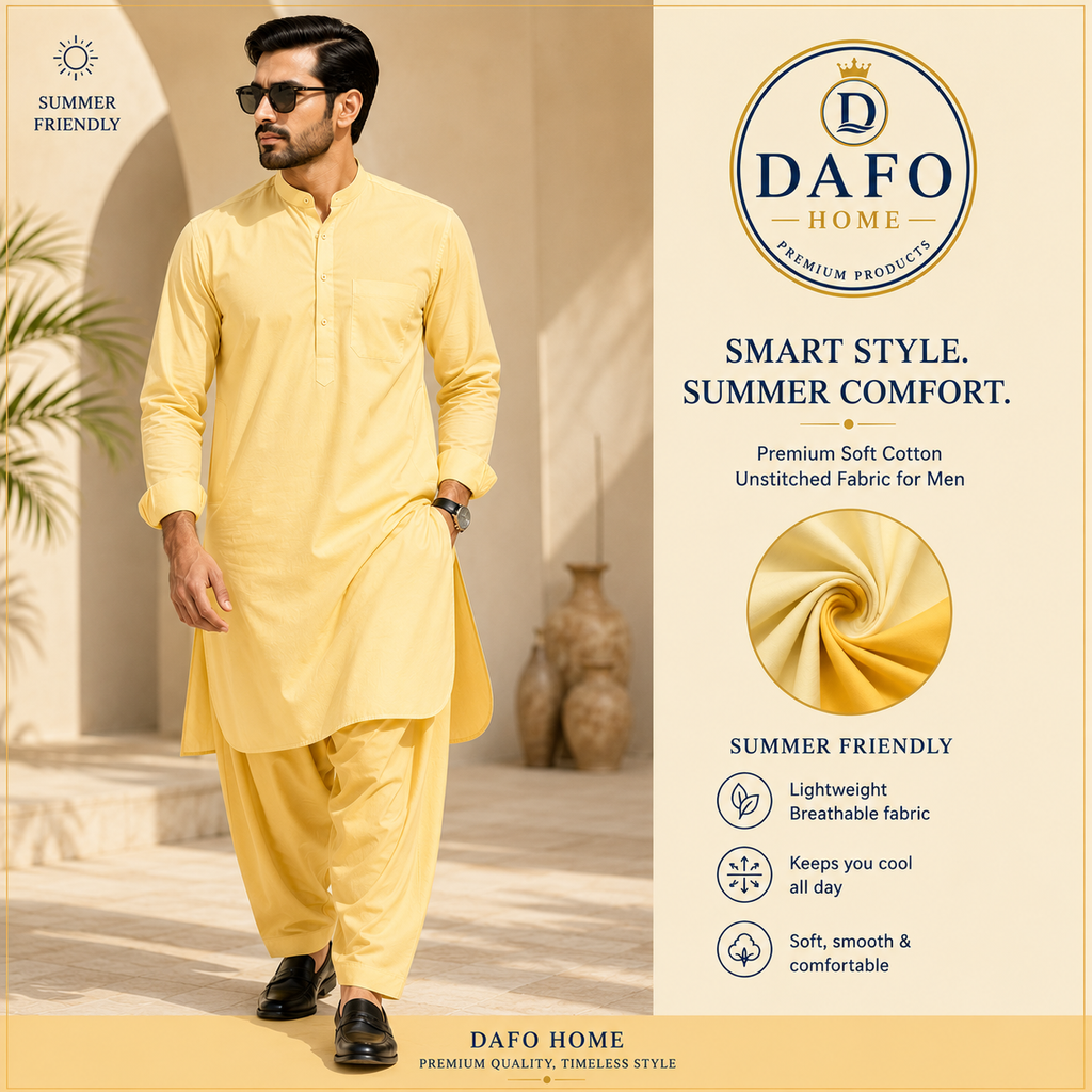 Refreshing Lemon Yellow Soft Cotton Unstitched Suiting Fabric for Men
